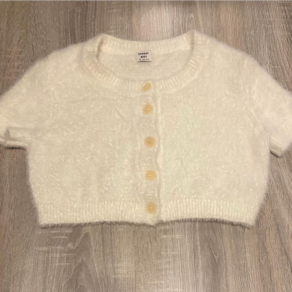 sunday best white fuzzy short sleeve cardigan - Picture 1 of 1